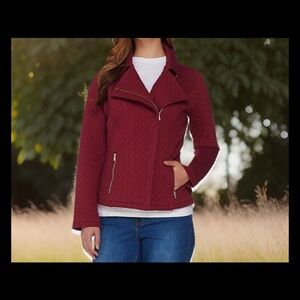 Isaac Mizrahi Live Country Core Granny Raspberry Quilted Knit Moto Jacket Sz Med
